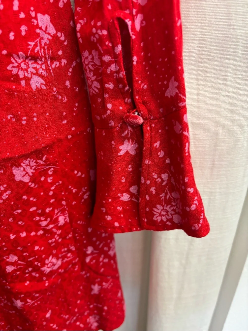 Free People Red Floral Tie-Front Long-Sleeve Mini Dress